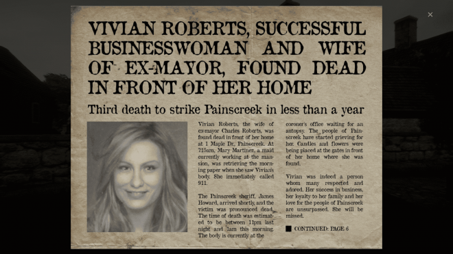 An old newspaper article with a picture of a woman on the let side. The title reads: "Vivian Roberts successful businesswoman and wife of ex-mayor, found dead in front of her home". Beneath it in smaller letters: "Third death to strike Painscreek in less than a year". Lower is the text of the article itself