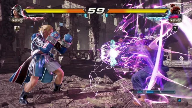 screenshot from the video game tekken, k gown with purple accents and blonde hair fighting in an arena against blue lightning mage