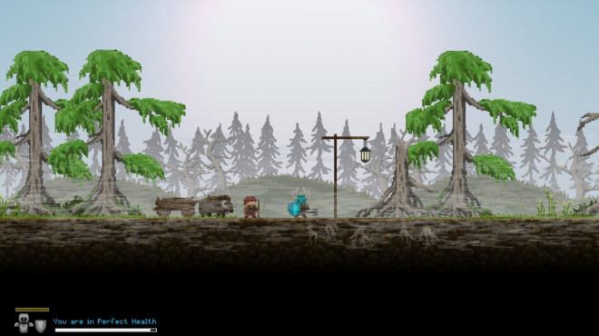 pixela low-resolution pixel art video game, with two main characters in an open field surrounded by trees and old wooden benches.