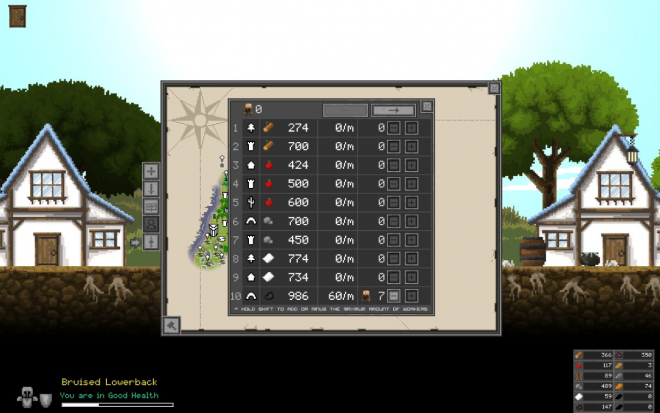 a screen shot of the game interface showing health, land and money on top left side with "Bromas" in small text above it.