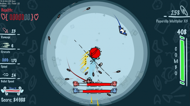 The player fighting the game's second boss, which is firing yellow bullets at them.