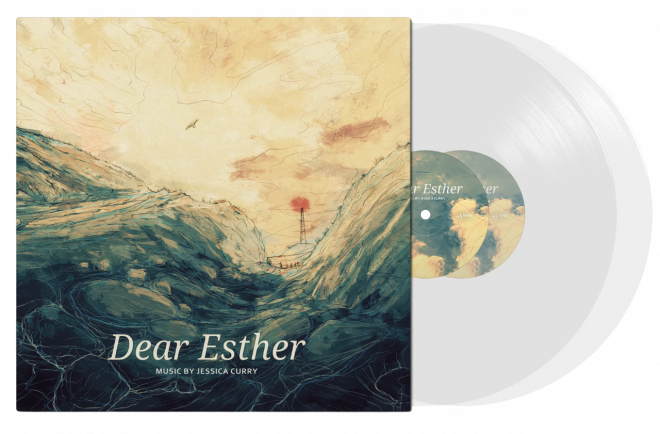 A record cover with a landscape painted on it and words that say 'Dear Esther. Music by Jessica Curry'. On the right side from the cover white vinyl plates stick out.