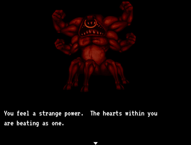 The screen before a boss fight begins. The text on screen reads: 'You feel a strange power. The hearts within you are beating as one.'