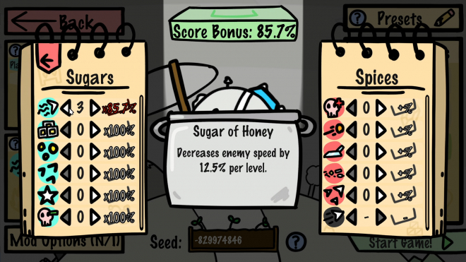 The screen where the player can select sugars and spices for their run. The 'sugar of honey,' which lowers enemy speed, is enabled at a strength of three.