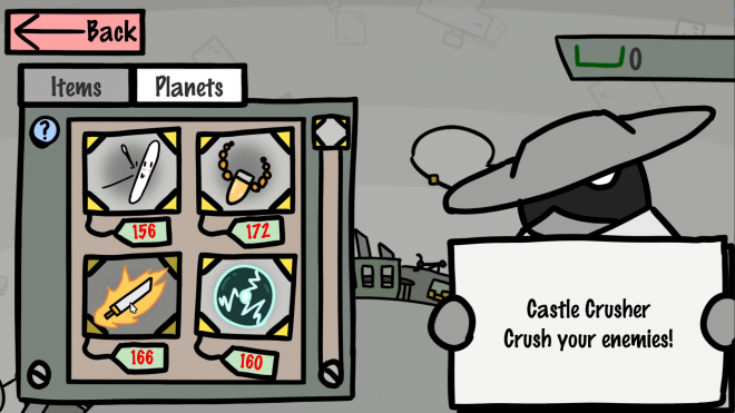 A shop menu where the player can spend staples they've earned to unlock new items.