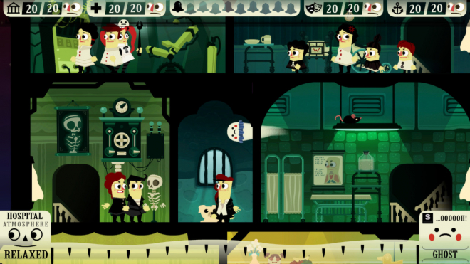 The game interface shows three horizontal frames, with characters dressed in hospital costumes playing among the many rooms