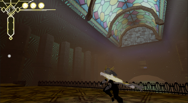 The player character in a large open theatre area with a stained glass roof.