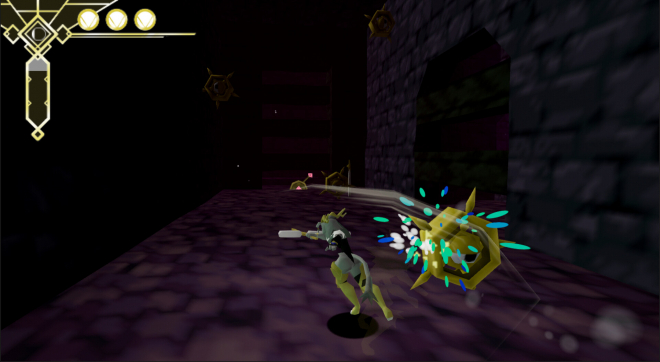 The player character in a corridor, attacking an enemy.