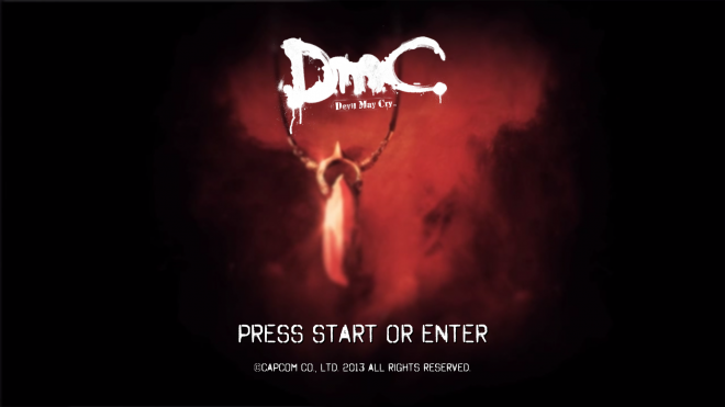 A red gem on a rope amid red mist. At the top of the image it's written: 'DmC: Devil May Cry'.