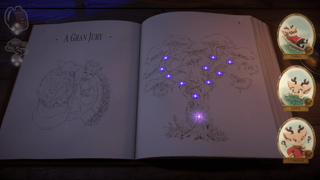 An open book. On the left page "A Gran Jury" is written and a picture of a little anthropomorphic deer and his grandma. On the right - a tree and a lot of purple flowers. A flower near the roots is shining. To the right of the book three elipses with the aforementioned deer are present. There're words on them: "Chill", "Hide", "Ponder"