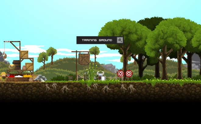 a fantasy medieval battle training ground, pixel art game screenshot in the style of Super Meat Boy