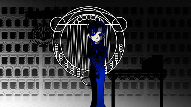 A mysterious woman in black (and blue), looking directly at the player. A weird sigil is behind her, and the background is colored in a black gradient