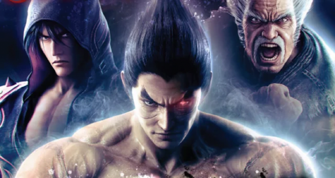 A video game poster of the main characters from Tekken. The character is white and has black hair with shaved sides, and his eyes have red pupils.