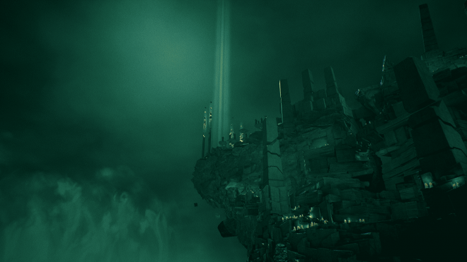 A high cliff above the sea, featuring strange architecture and a beam of light shooting into the sky. The picture is made in shades of green.