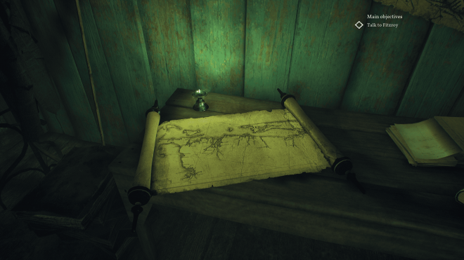 An old map scroll lies on a table, illuminated by the weak greenish light of a candle.