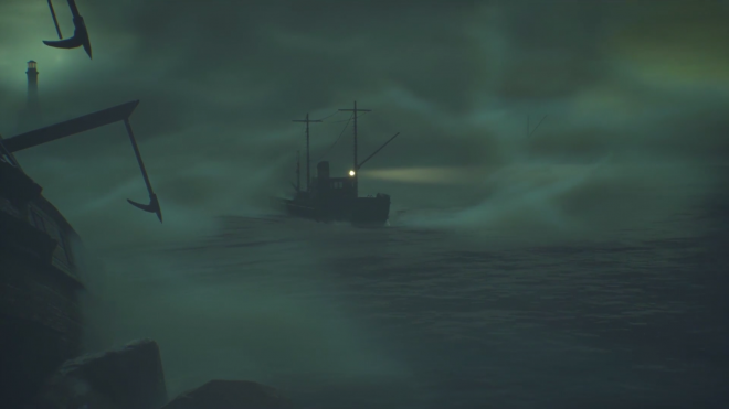 A dark silhouette of a ship on sea amid the fog with a lone fog light on its bow.