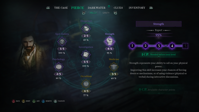 The image shows an in-game skill screen with various skills: 'Spot hidden', 'Eloquence', 'Strength', 'Investigation', 'Psychology', 'Occultism', and 'Medicine'.